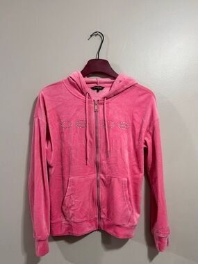 Y2K Bebe Pink Velour Zip Hoodie with Rhinestone Logo Detail